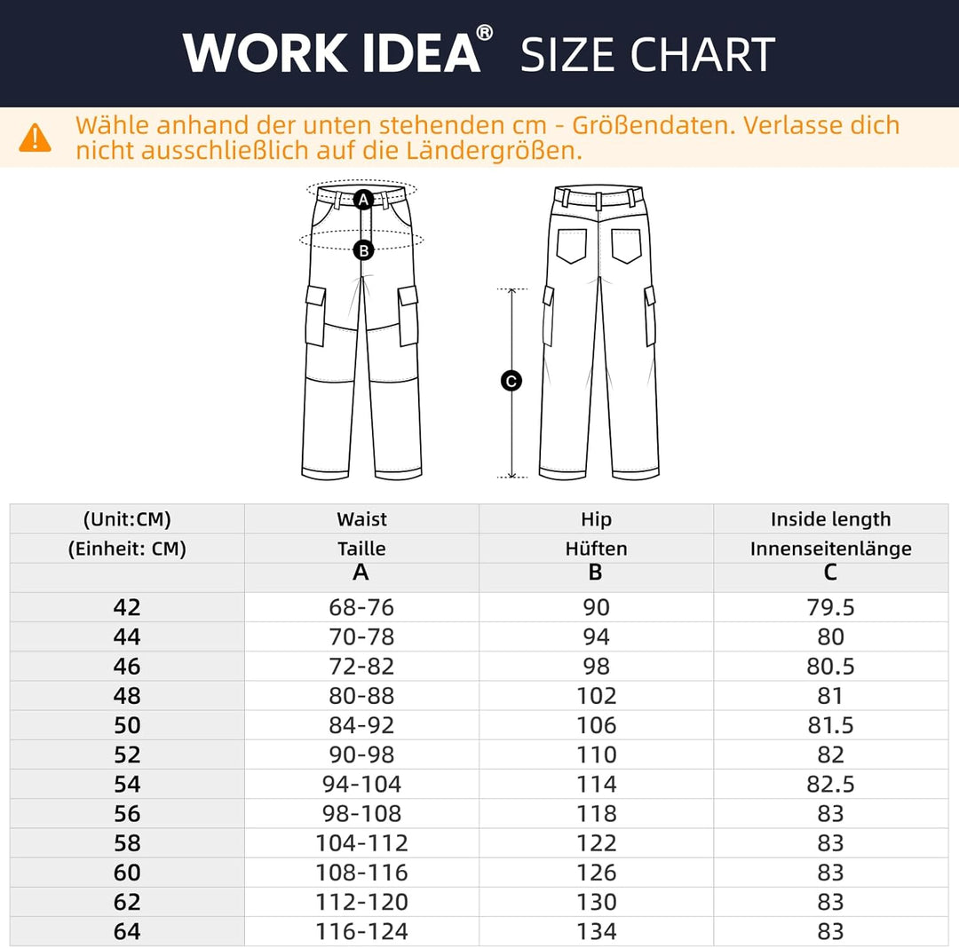 WORK IDEA Herren Stretch-Arbeitshose mit zahlreichen Taschen und Werkzeugtaschen Schwarz 50, Schwarz