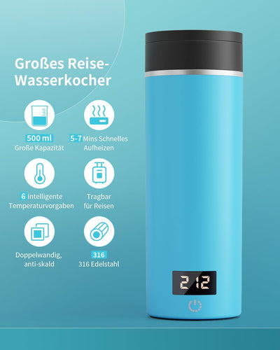 AIRMSEN Wasserkocher Klein mit 6 Temperatureinstellung, 500ml Mini Elektrischer Wasserkocher mit SUS