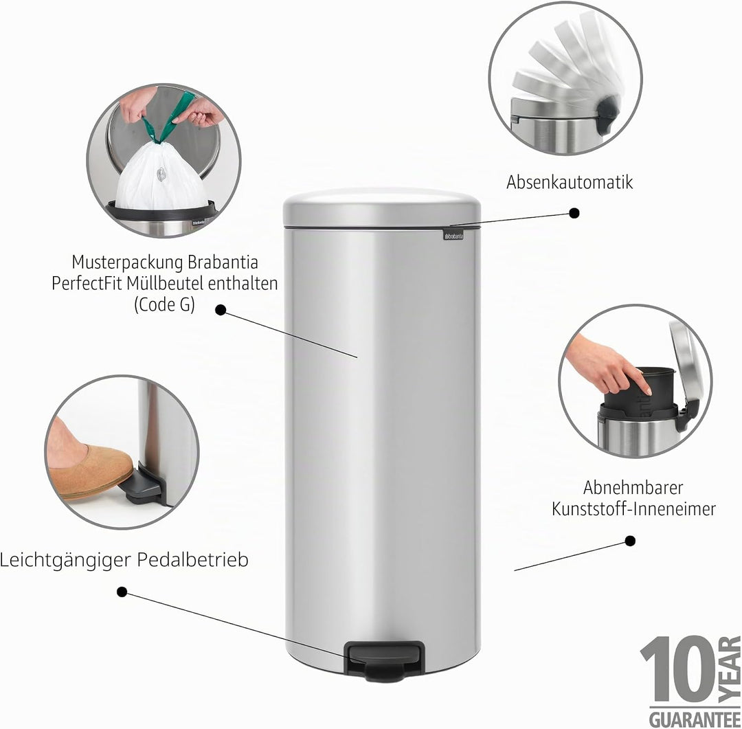 Brabantia 114465 Treteimer 30 L mit Kunststoffeinsatz in metallic grau, Plastik, 30 Liter Metallic G