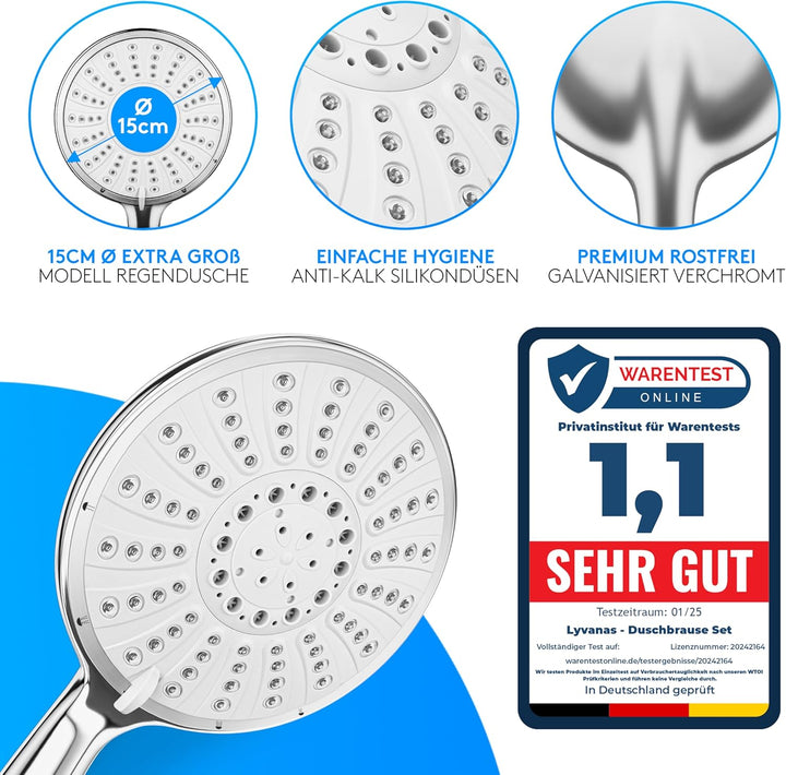 Lyvanas - TESTSIEGER 2021 - Duschkopf mit Schlauch und Halterung - Brausekopf für Dusche & Badewanne