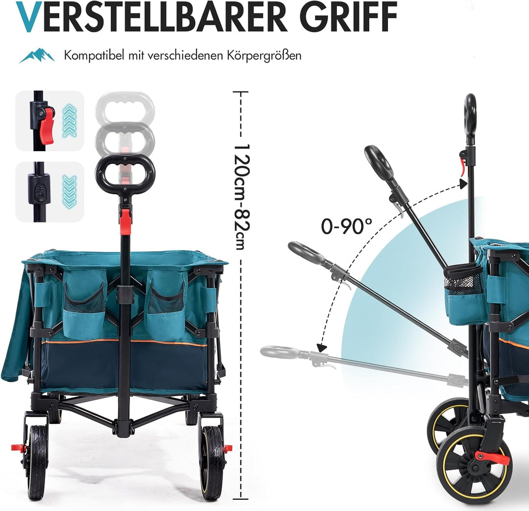 Portal Bollerwagen faltbar XXL Grosse Ladefläche 120kg belastbar Handwagen mit Getränkehalter Seiten