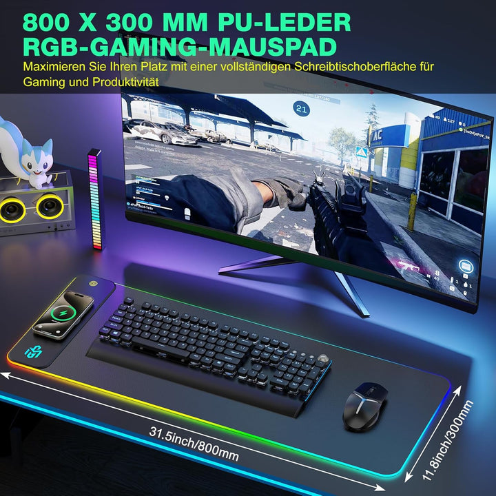 GIM PU-Leder kabelloses Ladekissen RGB Gaming Mauspad 15W, LED Mausmatte 800x300x4MM, 10 Lichtmodi e