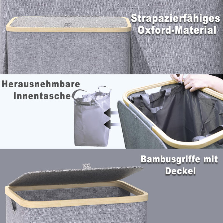 Wäschekorb mit Deckel 100L, Wäschesammler Gross schmal mit herausnehmbaren Wäschesack Laundry Basket