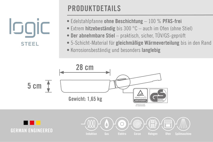 Woll Logic Steel Flachpfanne - Induktiv -, Ø 28 cm, 5 cm hoch mit abnehmbarem Stiel - Geeignet für a