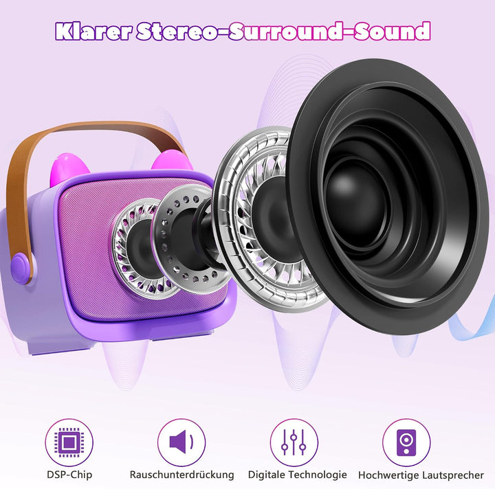 Karaoke Maschine für Kinder mit 2 Kabellosen Mikrofonen, Bluetooth Lautsprecher mit LED Licht, Emoji