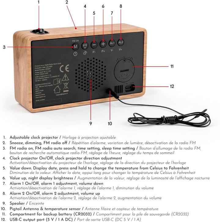 THOMSON Radiowecker mit Projektor, Decke, doppelter Alarm, Anzeige von Temperatur und Luftfeuchtigke
