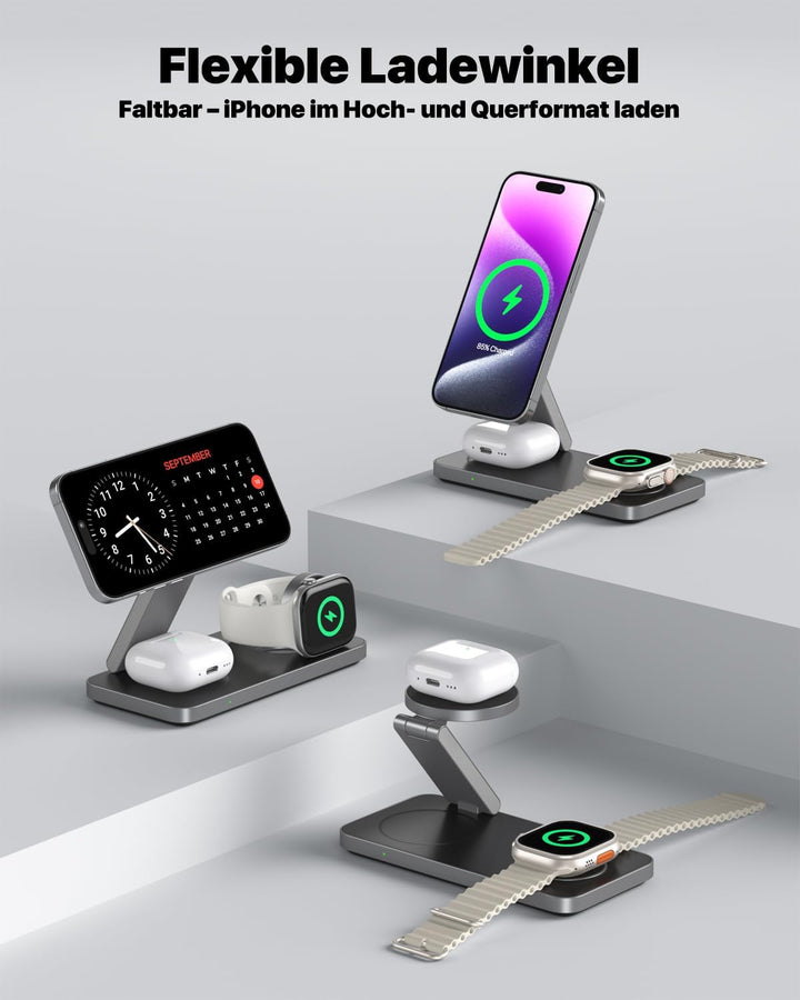 Induktive Ladestation Kompatibel mit Magsafe Ladegerät,QTlier 3 in 1 iPhone Ladestation für Air 17/1