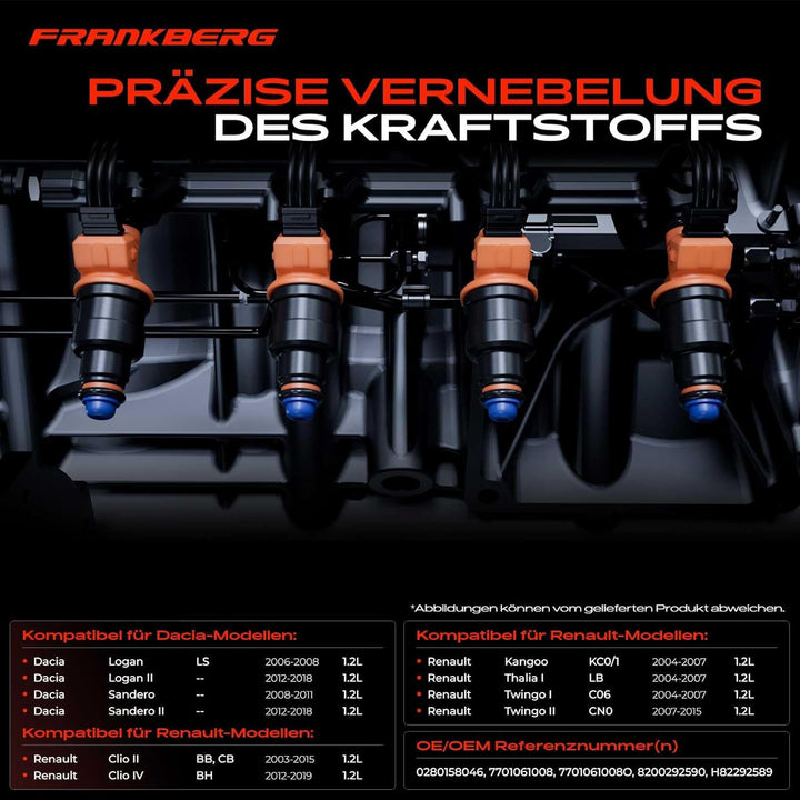 Frankberg 4x Einspritzventil Einspritzdüse Kompatibel mit Sandero 1.1L 2008-2015 Clio II BB CB 1.1L