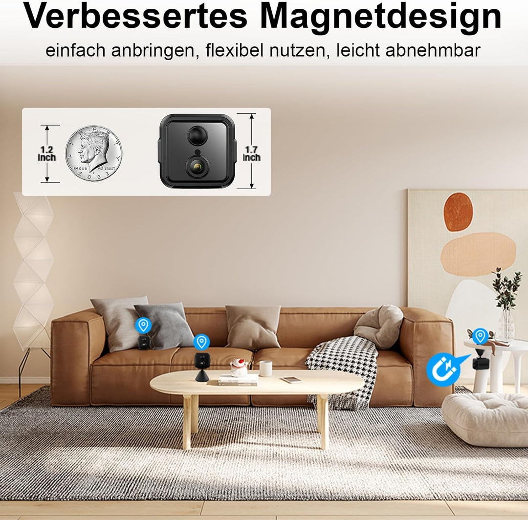 iPalamila Mini Kamera, Kamera Überwachung Innen WLAN 2,4/5 GHz, 2K HD Akku Überwachungskamera mit Be