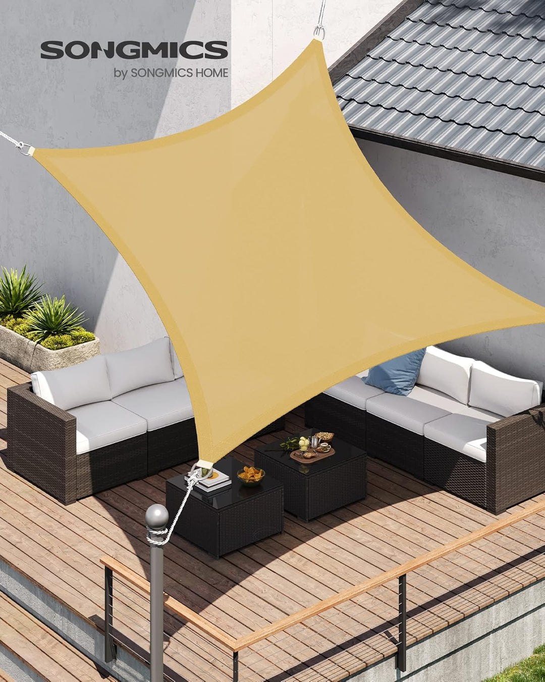 SONGMICS Sonnensegel 2 x 2 m, Sonnenschutz aus HDPE-Gewebe, luftdurchlässig, wasserdurchlässig, für