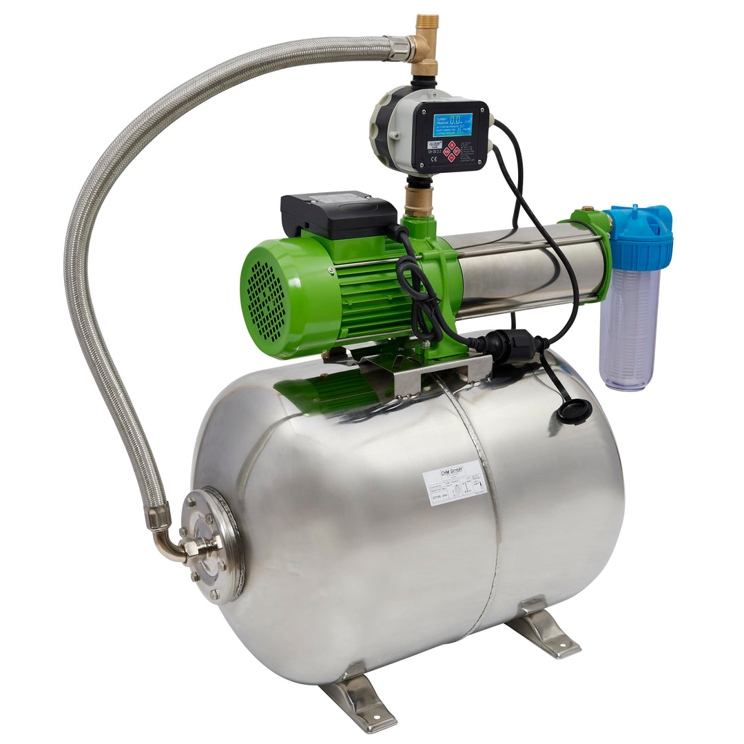 CHM GmbH Hauswasserwerk 100 L Edelstahl 1500 Watt, 8,5 Bar einstellbar mit LCD Display Gartenpumpe,