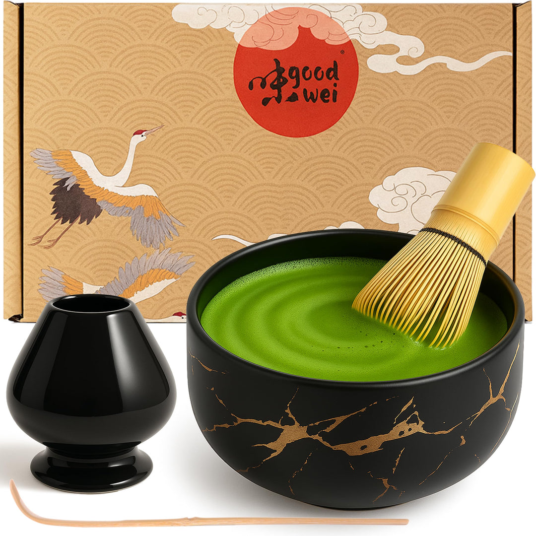 Goodwei Matcha Set mit Besen, Besenhalter und Teeschale für japanische Teezeremonie - Marmor Design