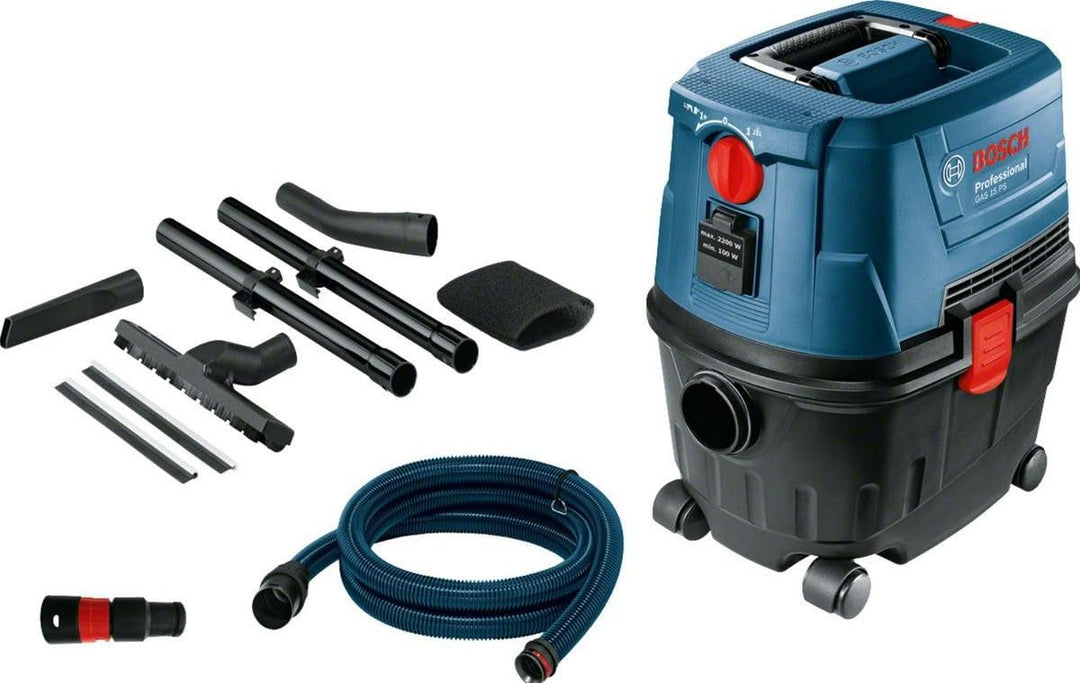 Bosch Professional Nass-/Trockensauger GAS 15 PS (inkl. Fugendüse, Krümmer, Bodendüsenset, 1x3m Schl