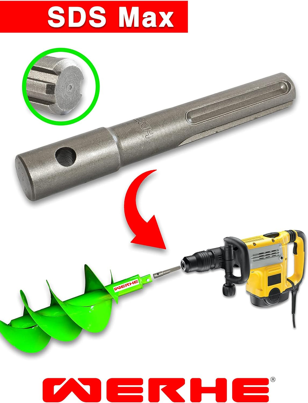 WERHE Profi Erdbohrer Adapter passend für SDS Max Bohrhammer Pfahlbohrer Akkubohrmaschine Mit Schnel