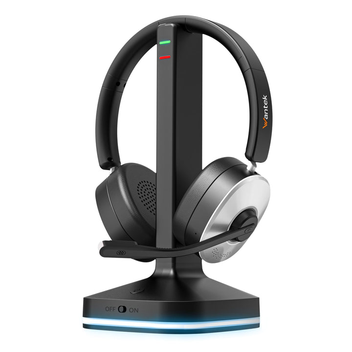 Wantek Kabelloses Headset mit Mikrofon, Bluetooth Headset mit Ladestation, Wireless Kabelloses Headp