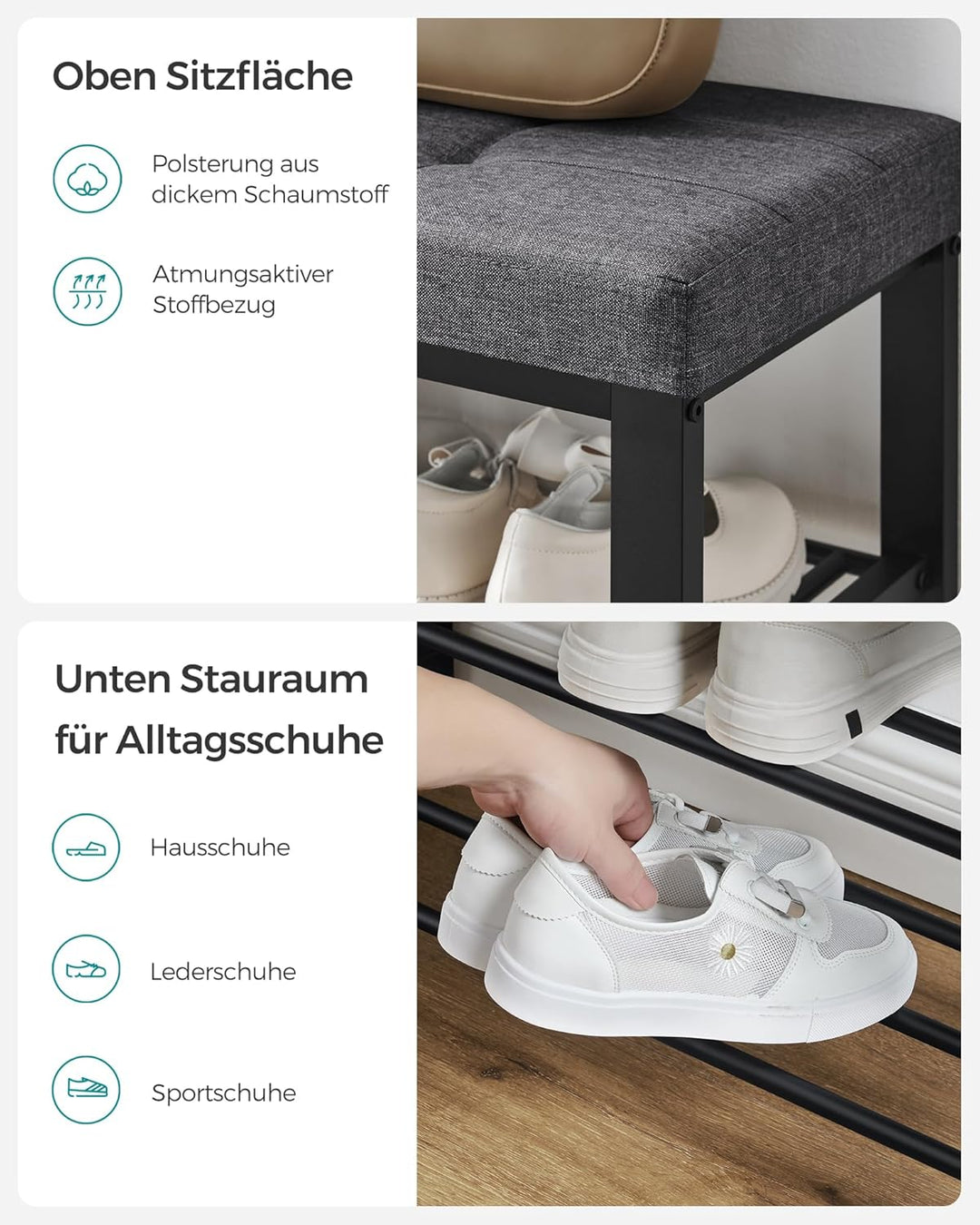 SONGMICS Schuhbank, Schuhregal mit 3 Ebenen, Schuhaufbewahrung, Sitz mit Schaumstoffpolsterung, Lein
