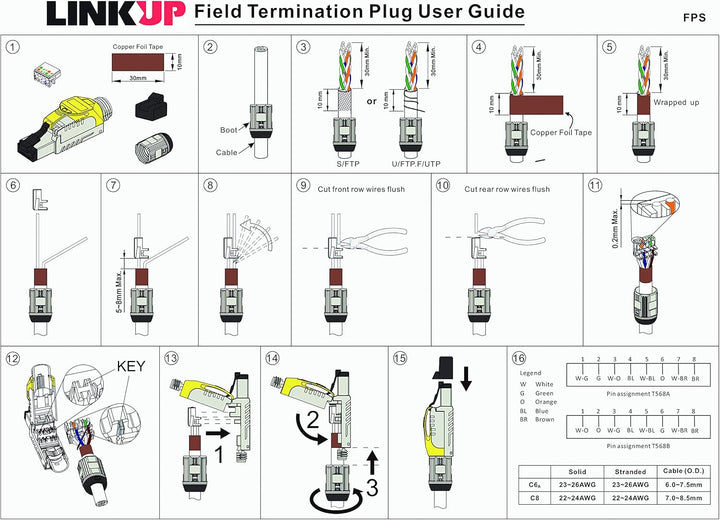 LINKUP - RJ45 Connectors Cat6A (6 Pack) Shielded Metal Die-Cast Field Modular Termination Plug | 10G