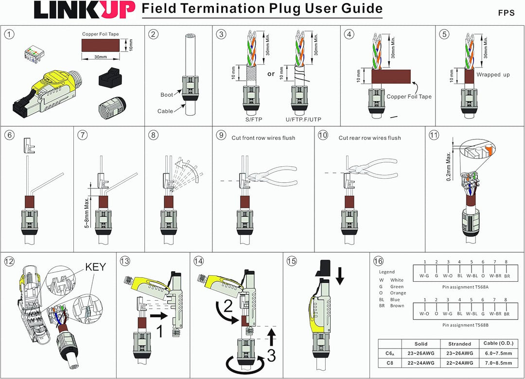 LINKUP - RJ45 Connectors Cat6A (12 Pack) Shielded Metal Die-Cast Field Modular Termination Plug | 10