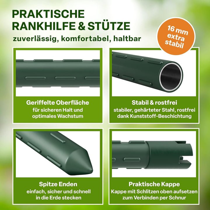 TTL GARDEN Rankstäbe 15er Set 150cm x 16mm Ø grün - extra stabil &amp; rostfrei | 16mm Rankhilfe Pflanzs