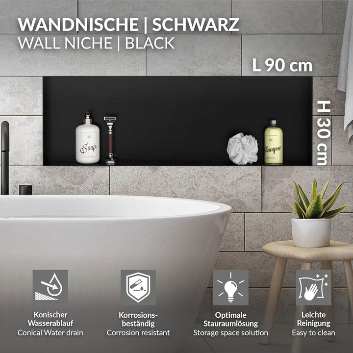 LuxeBath Wandnische aus Edelstahl, 90x30x10 cm, Schwarz, Duschnische, Randlos, Einbauregal, Flexible