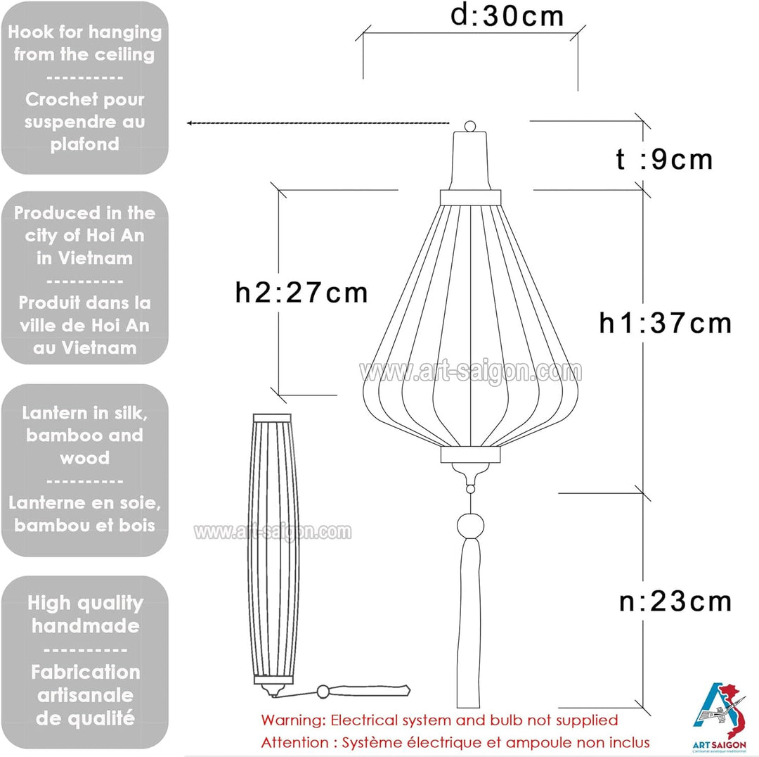 Asiatische Lampion aus Seide, violett, Durchmesser 30 cm, Laterne aus Stoff, Bambus und Holz, Dekora