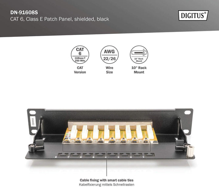 DIGITUS Cat-6 Patchpanel - 8 Ports - RJ45-Buchsen - 10-Zoll Rack-Mount 1HE - LSA Verteilerfeld - Ges