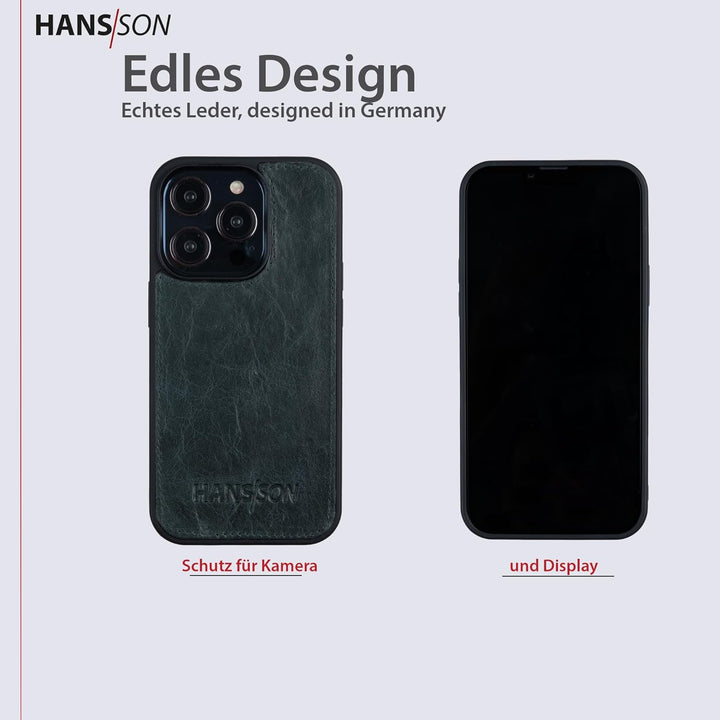 HANS/SON Hülle aus Echtleder | iPhone 14 Pro Max | Blaue Ledercase | 6,7 Zoll | Schmal | Stossfest |
