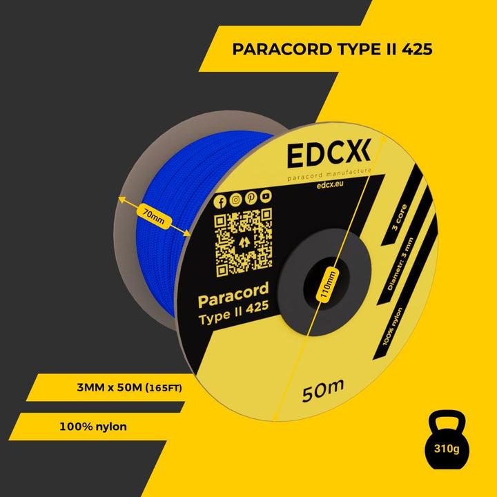 EDCX 3mm Nylon Paracord 425 (50 und 100m) - Typ II, 100% Nylonseil, 3 Litzen Seil, 3mm Nylonseil in