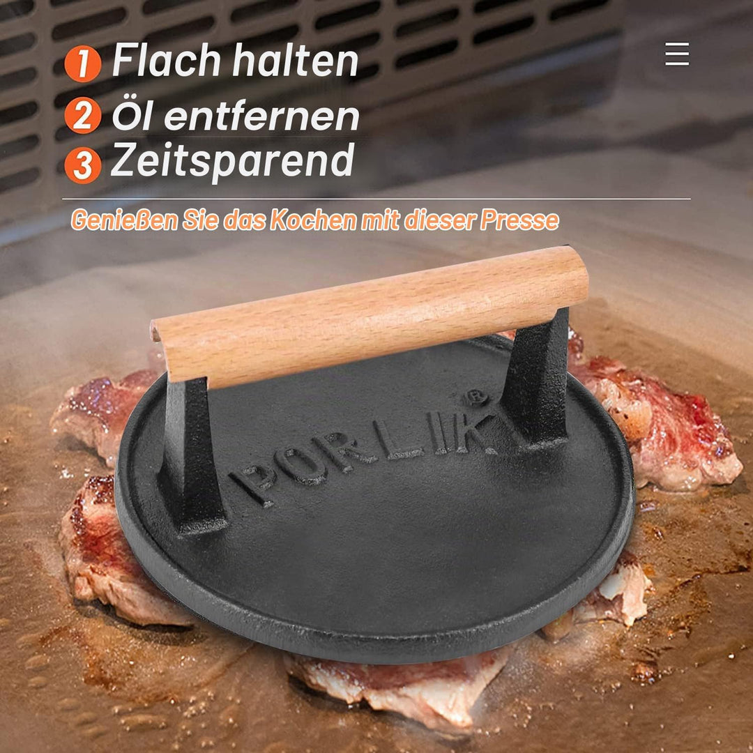porlik Burgerpresse Gusseisen,Gro?er Burger Smasher (17.7cm) mit hitzeabweisendem Griff,Burger Press