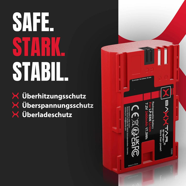 Baxxtar LP-E6N Akku 2400mAh Ersatzakku kompatibel mit Canon EOS 5D Mark II Mark III 5DS R5 R 6D 7D 6