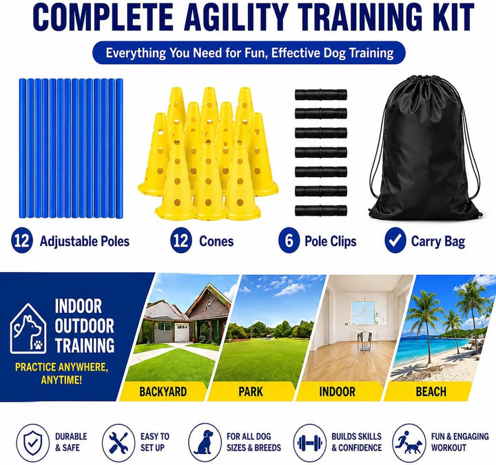 Agility Set Hunde mit 6 Hürden, Cavaletti Hund Trainingsset, 12 Verstellbare Stangen & 12 Pylonen mi