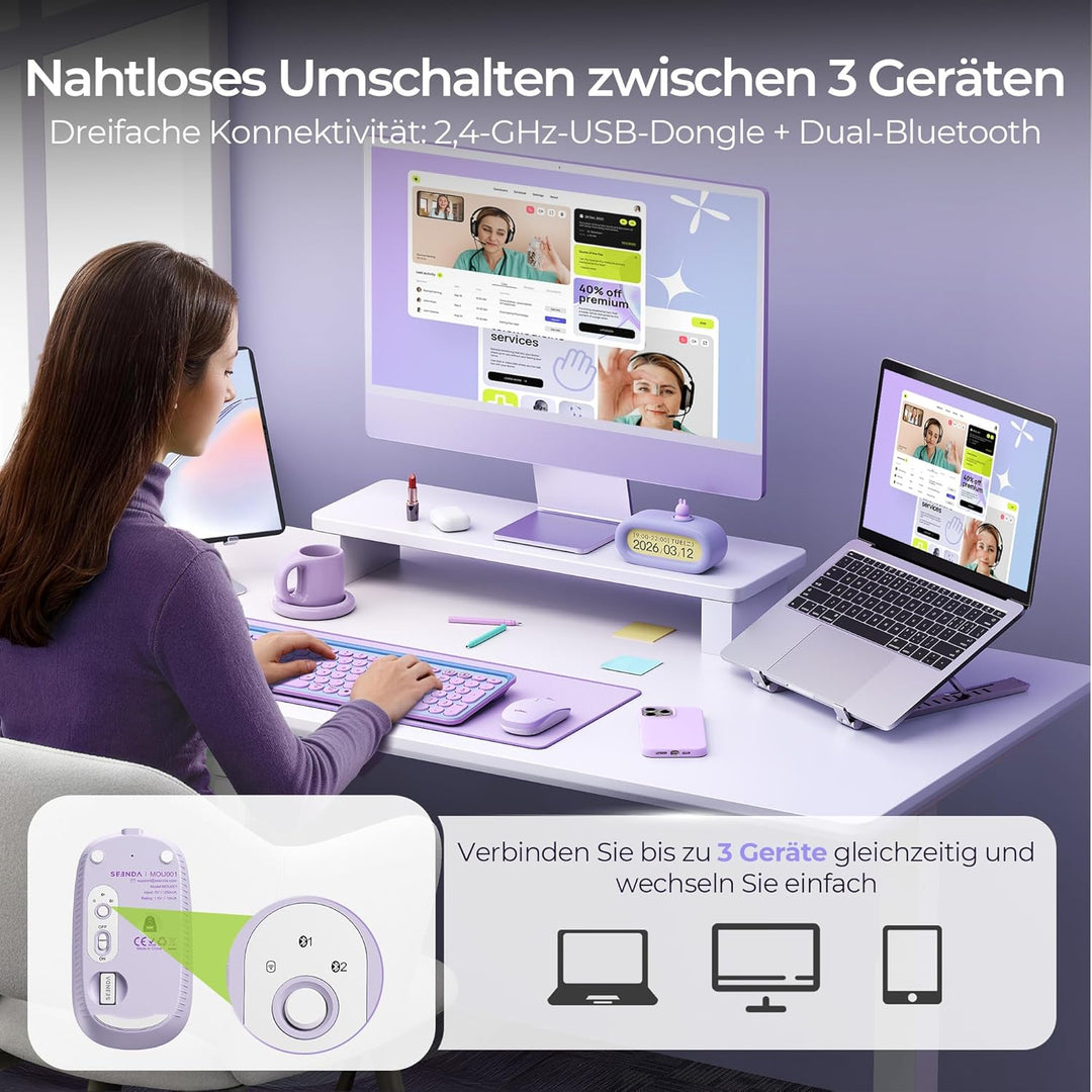 seenda MOU001 Bluetooth Maus, USB + Dual-Bluetooth 3 Geräte Verbindung, Maus Kabellos mit 3 DPI-Stuf
