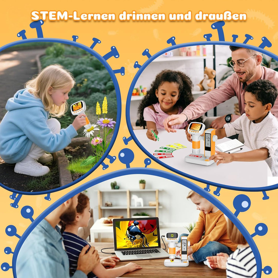 Digitales Mikroskop für Kinder mit Wecker, Tragbares Kinder Mikroskop mit 1000x Vergrösserung, 2 Zol