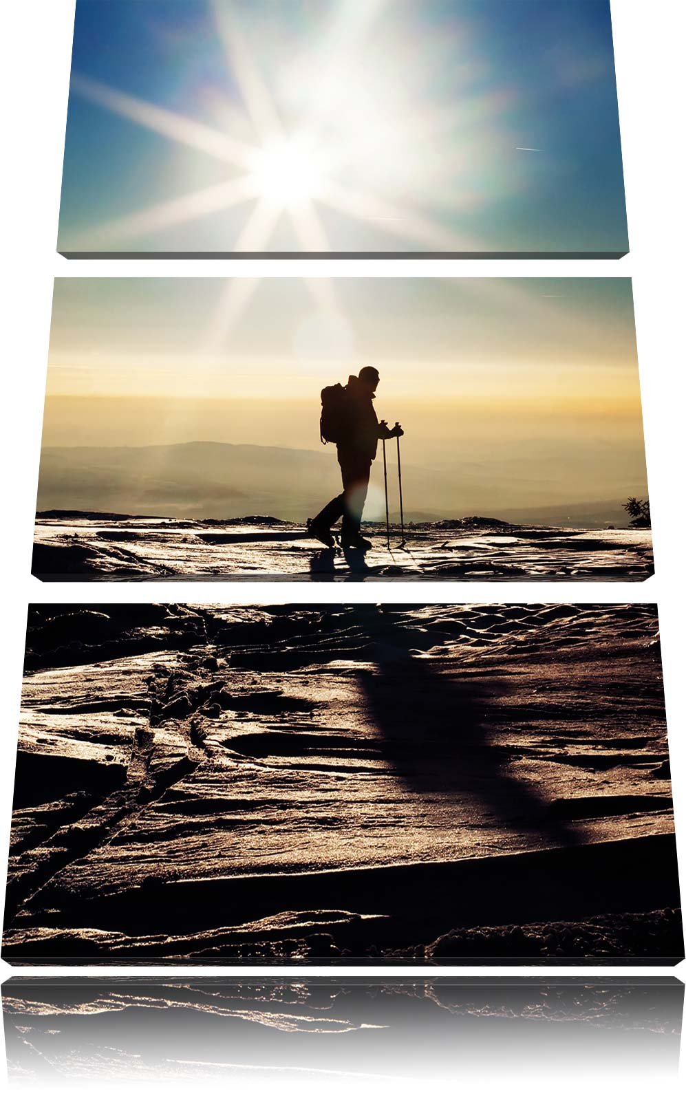 Pixxprint Wintersport Sonnenuntergang Ski als Leinwandbild | Grösse: 3 Teilig (120x80) | Wandbild| K