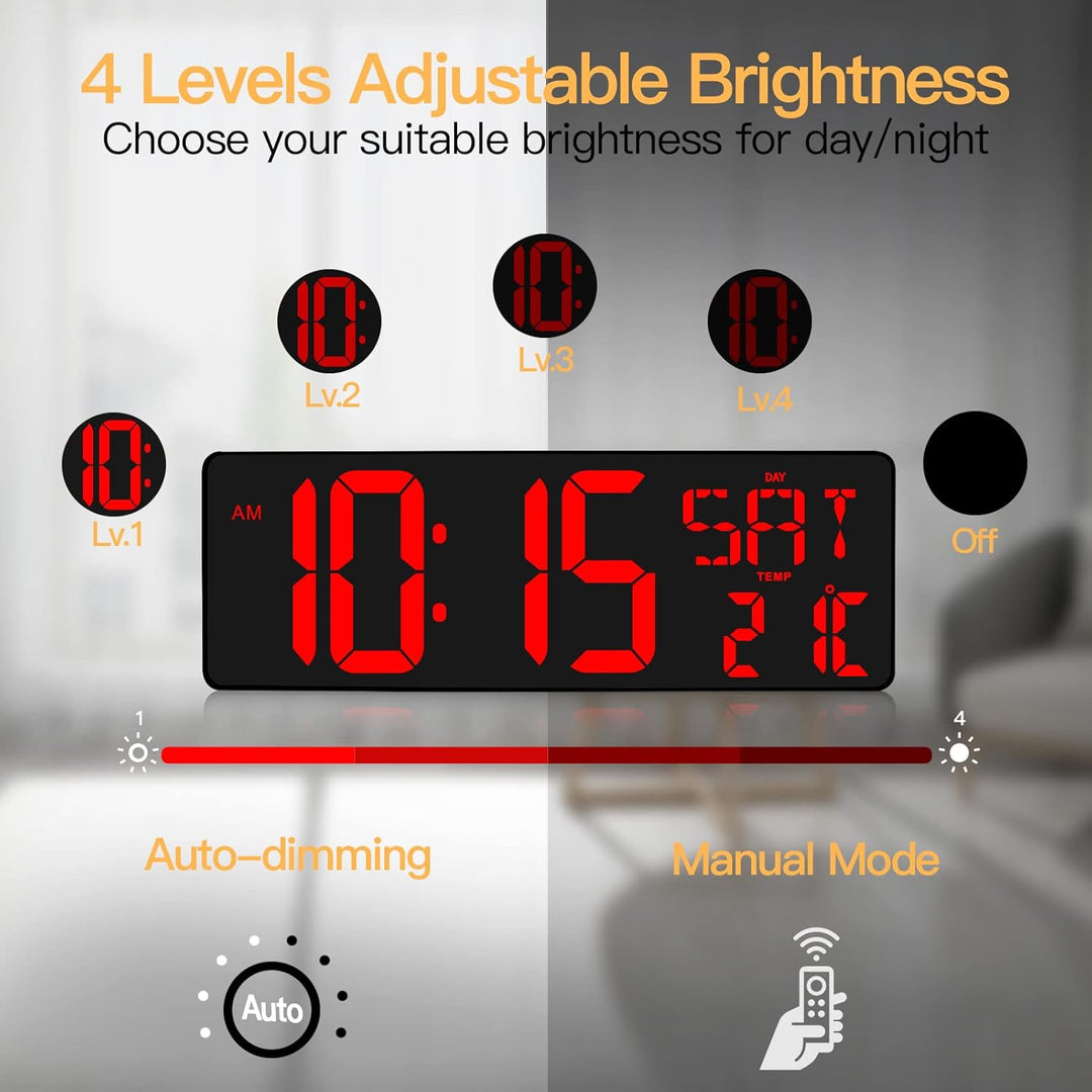 XREXS Wanduhr Digitale Gross mit Fernbedienung, 16,5'' Wanduhr Digital Uhr mit LED-Display, Digitale