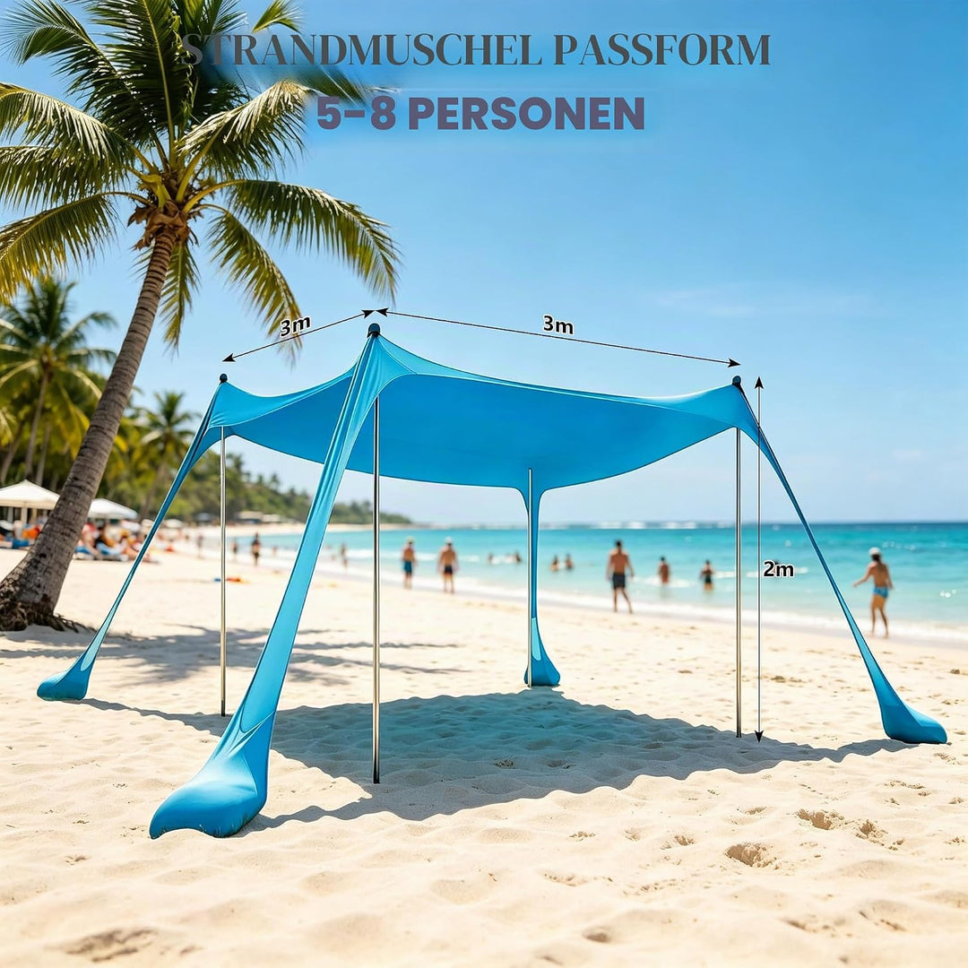 Sonnensegel Strand mit Sandsäcke Lycra UPF 50+ Strandzelt Sonnenschutz Windfest Strandzelt mit 4 Alu