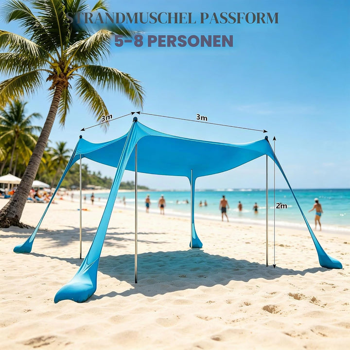 Sonnensegel Strand mit Sandsäcke Lycra UPF 50+ Strandzelt Sonnenschutz Windfest Strandzelt mit 4 Alu