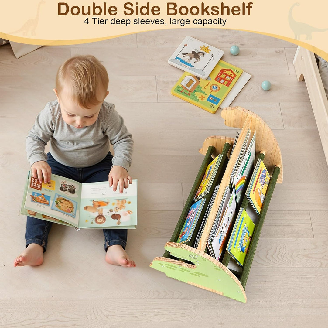 MHJY Bücherregal Kinder, doppelseitiges Holzregal mit robusten Canvas-Taschen, Montessori Stil, trag