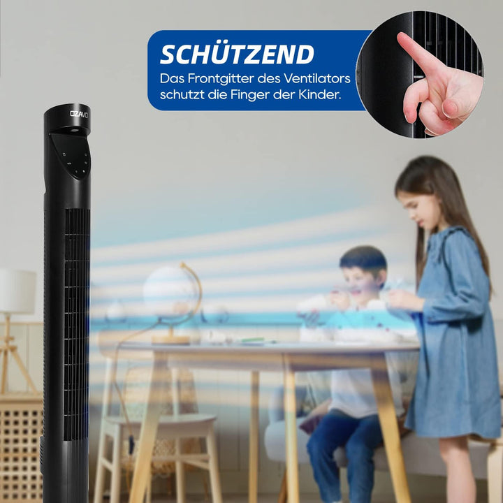 OZAVO Turmventilator mit Fernbedienung und LED-Display, 3 Geschwindigkeitsstufen Fan, Standventilato