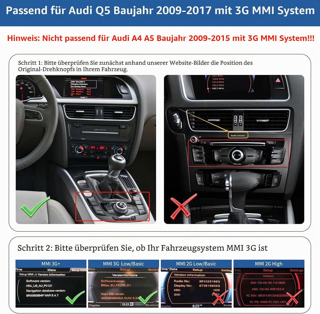 Road Top 12,3 Zoll Autoradio Drahtlos CarPlay Touchscreen für Audi Q5 2009-2017 Jahr mit 3GMMI, Auto