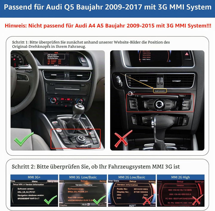 Road Top 12,3 Zoll Autoradio Drahtlos CarPlay Touchscreen für Audi Q5 2009-2017 Jahr mit 3GMMI, Auto