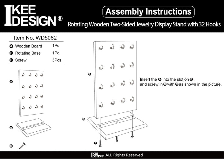 Ikee Design Drehbarer zweiseitiger Schmuckständer aus Holz, drehbarer Organizer mit 32 Haken zur Auf