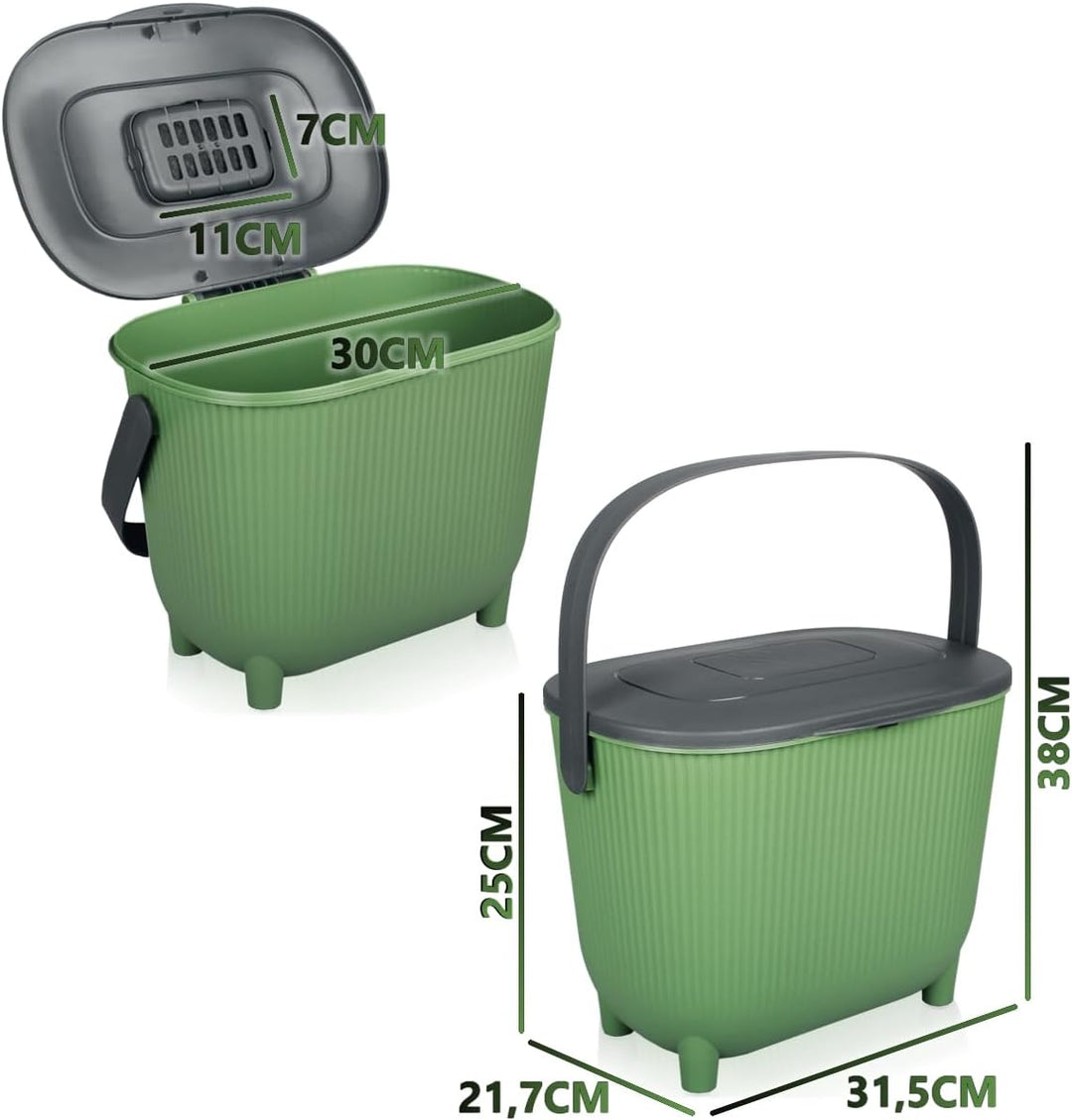 Premium Komposteimer 10L Küche Biomüll Behälter Bio Mülleimer mit Deckel und Aktivkohlefilter (Grün/