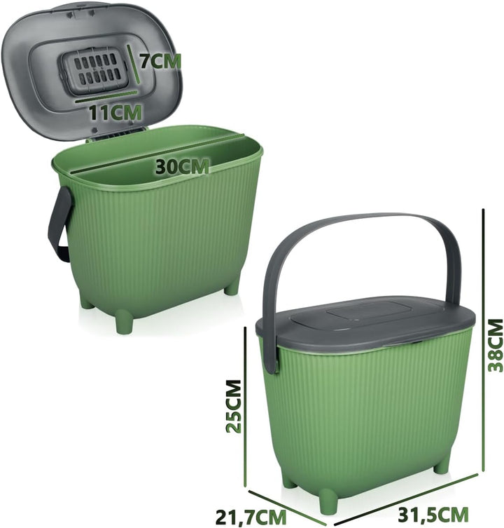 Premium Komposteimer 10L Küche Biomüll Behälter Bio Mülleimer mit Deckel und Aktivkohlefilter (Grün/