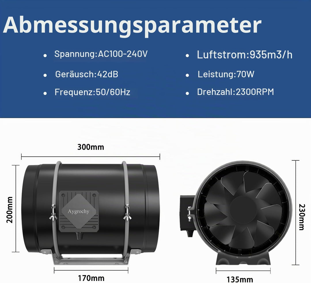 Aygrochy 200mm Regelbar Rohrventilator 70W, EC Motor Abluftventilator für Heizung, Kühlung, Booster,