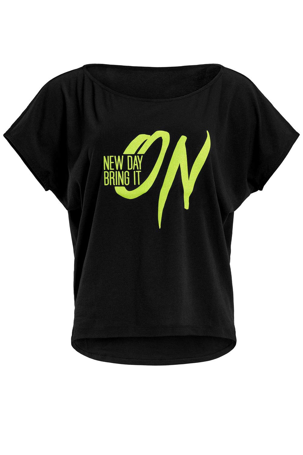 WINSHAPE Damen Ultra leichtes Modal-Kurzarmshirt MCT002 XS Lässig Schwarz-neon-gelb-glitzer, XS Läss