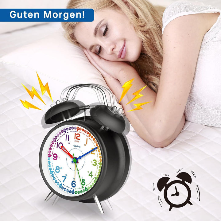 Eachui Analoger Wecker für Kinder, Doppelglockenwecker ohne Ticken mit lautem Alarm, Nachtlicht und