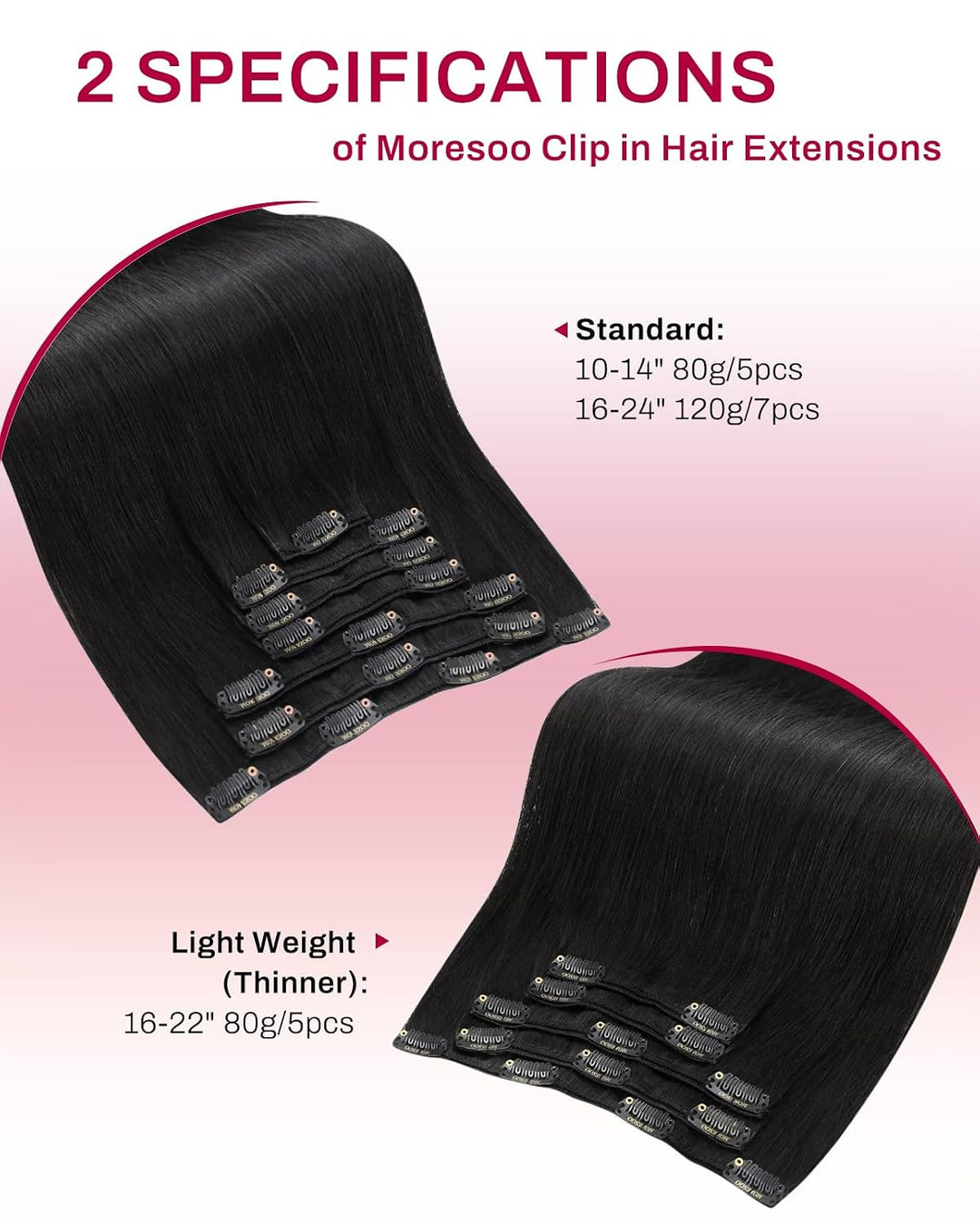 Moresoo Clip in Extensions Echthaar Schwarz Haarverlängerung Clip in Echthaar Remy Schwarz Haarexten