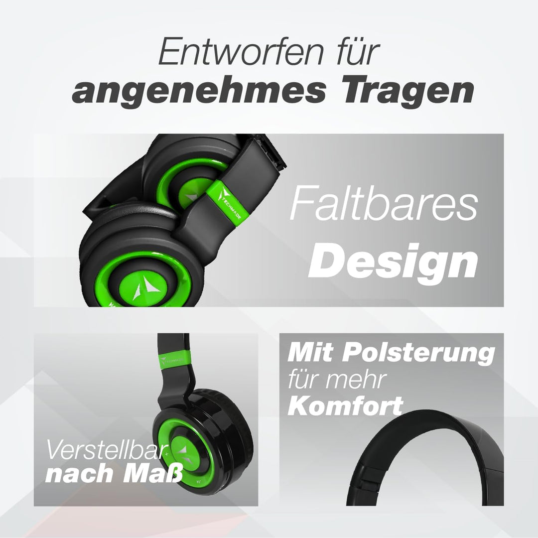 Techmade TM-046 Bluetooth-Kopfhörer – Faltbar, Over-Ear, Mikrofon, FM-Radio, SD-Karten-Slot, Grün