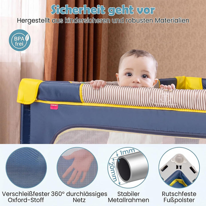 DREAMADE Laufstall Baby Faltbar, 150 x 150 x 76,5 cm Laufgitter mit 50 Ozeanbällen, 4 Haltegriffen &amp;